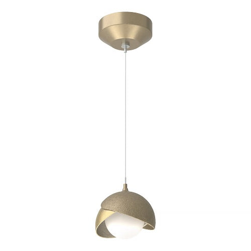 BROOKLYN DOUBLE SHADE LOW VOLTAGE MINI PENDANT BY HUBBARDTON FORGE, FINISH: SOFT GOLD, ACCENT: MODERN BRASS, OPAL GLASS, | CASA DI LUCE LIGHTING