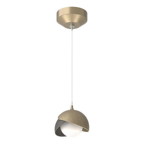 BROOKLYN DOUBLE SHADE LOW VOLTAGE MINI PENDANT BY HUBBARDTON FORGE, FINISH: SOFT GOLD, ACCENT: NATURAL IRON, OPAL GLASS, | CASA DI LUCE LIGHTING