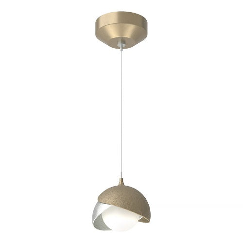 BROOKLYN DOUBLE SHADE LOW VOLTAGE MINI PENDANT BY HUBBARDTON FORGE, FINISH: SOFT GOLD, ACCENT: VINTAGE PLATINUM, OPAL GLASS, | CASA DI LUCE LIGHTING