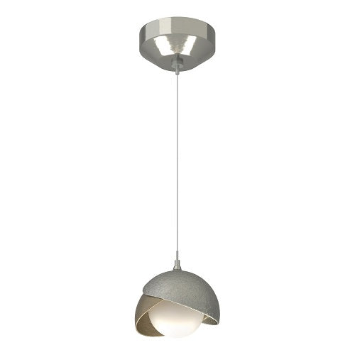 BROOKLYN DOUBLE SHADE LOW VOLTAGE MINI PENDANT BY HUBBARDTON FORGE, FINISH: STERLING, ACCENT: SOFT GOLD, OPAL GLASS, | CASA DI LUCE LIGHTING