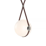 DERBY LARGE LED PENDANT BY HUBBARDTON FORGE, FINISH: BLACK, ACCENT: POLISHED NICKEL, LEATHER BRITISH BROWN, SHORT, NO LOGO, OPAL GLASS, | CASA DI LUCE LIGHTING