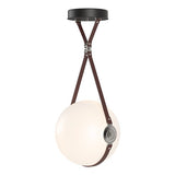 DERBY LARGE LED PENDANT BY HUBBARDTON FORGE, FINISH: BLACK, ACCENT: POLISHED NICKEL, LEATHER BRITISH BROWN, NO LOGO, OPAL GLASS, | CASA DI LUCE LIGHTING