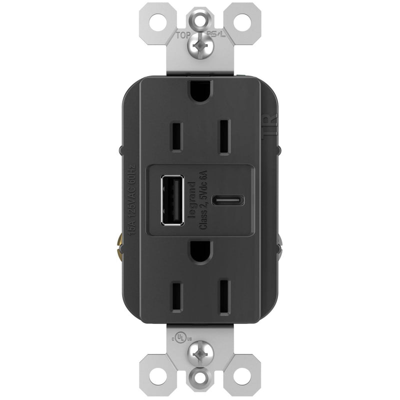 Black Radiant 15A Tamper Resistant Ultra Fast USB Type A/C Outlet by Legrand Radiant