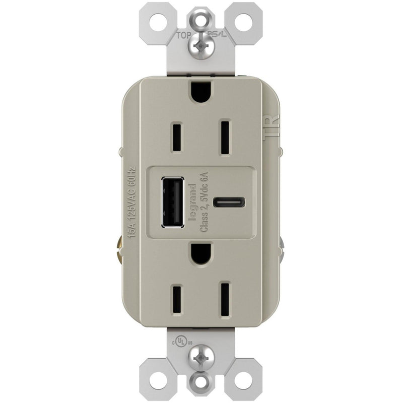 Nickel Radiant 15A Tamper Resistant Ultra Fast USB Type A/C Outlet by Legrand Radiant