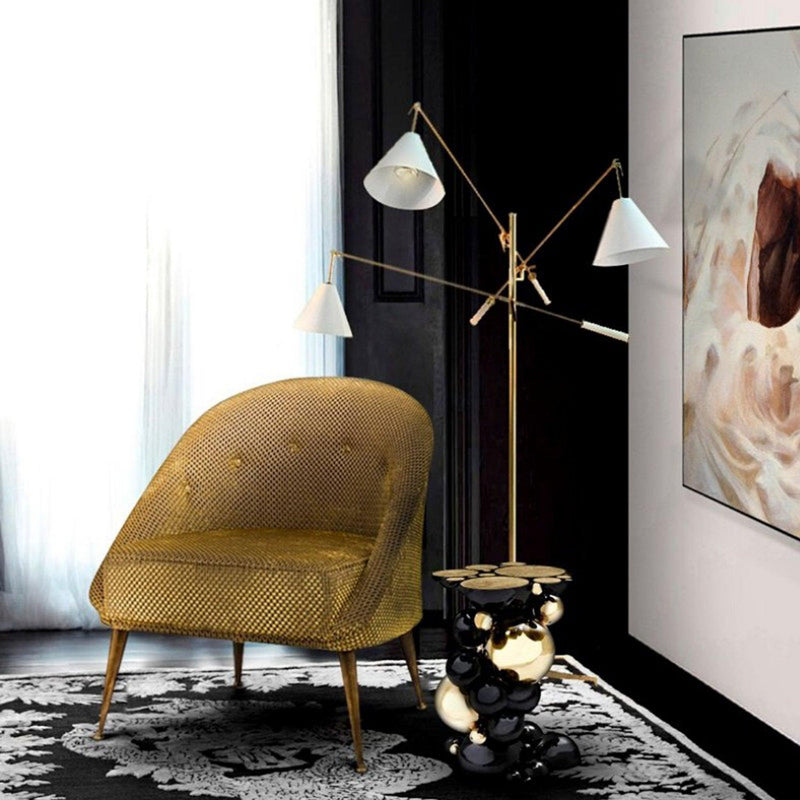 Gold Plated and Glossy White Sinatra Floor Lamp in Living Room