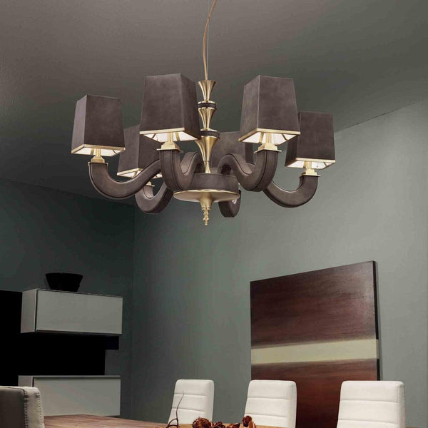 Darshan 6 Chandelier by Masiero, Color: Burnished Brass + Leather 1-Masiero, Burnished Brass + Leather 5-Masiero, Shiny Chrome + Leather 4-Masiero, ,  | Casa Di Luce Lighting