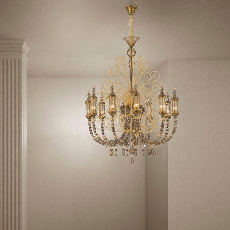 Bucintoro Chandelier by Sylcom, Color: Clear, Milk White Clear - Sylcom, Clear and 24kt Gold - Sylcom, Smoked and 24kt Gold - Sylcom, Amethyst and 24kt Gold - Sylcom, Ivory and Gold - Sylcom, Finish: Silver, Gold, Size: Small, Medium, Large, X-Large | Casa Di Luce Lighting
